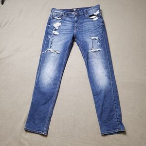 Mens Jeans Distressed blue ripped Hollister skinny jeans Advanced Stretch Sz 34